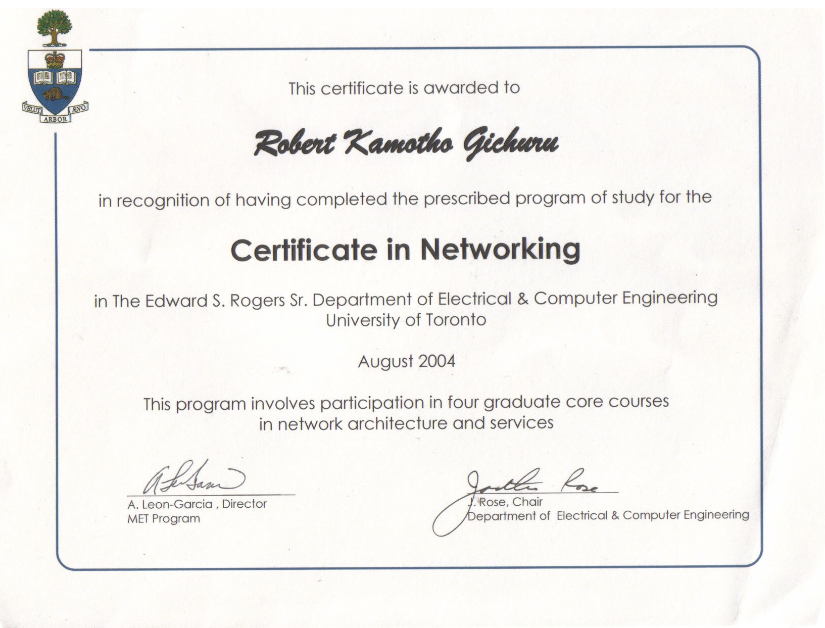 University of Toronto Certificate